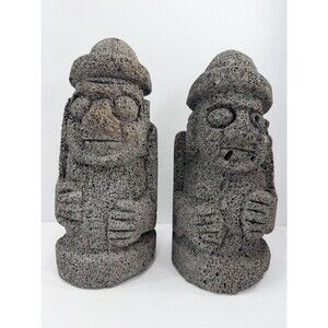 VTG Pair Jeju Island Dol Hareubang Statues 9.5" Basalt Lava Rock Korean Folk Art